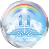 A staircase in the clouds with a merkaba in front and a rainbow with shining light above