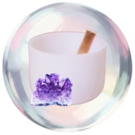 Crystal singing bowl with striker and amethyst geode
