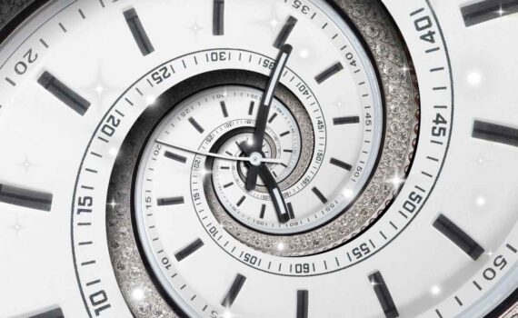 A clock or watch shown as a spiral indicating that time can be manipulated