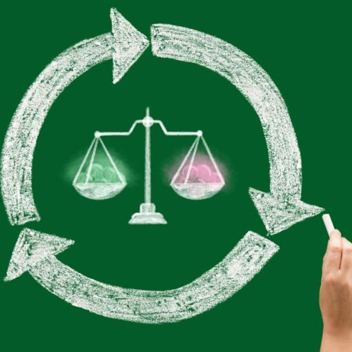 A chalk drawing of a balanced scale inside a circle with arrows showing the cycle of lives