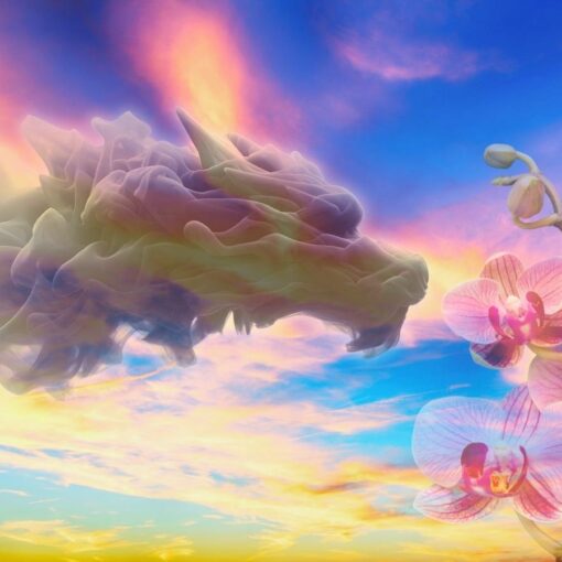 Photo of cloud formation resembling a dragon, and an image of an orchid