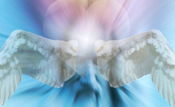 angel wings, rainbow light, glowing heart, and soft colours representing multidimensional healing