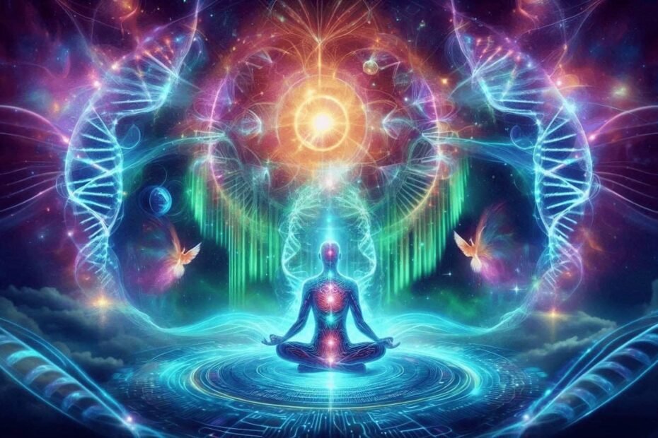Cosmic solar storm energy with aurora and DNA strands representing ascension and spiritual activation